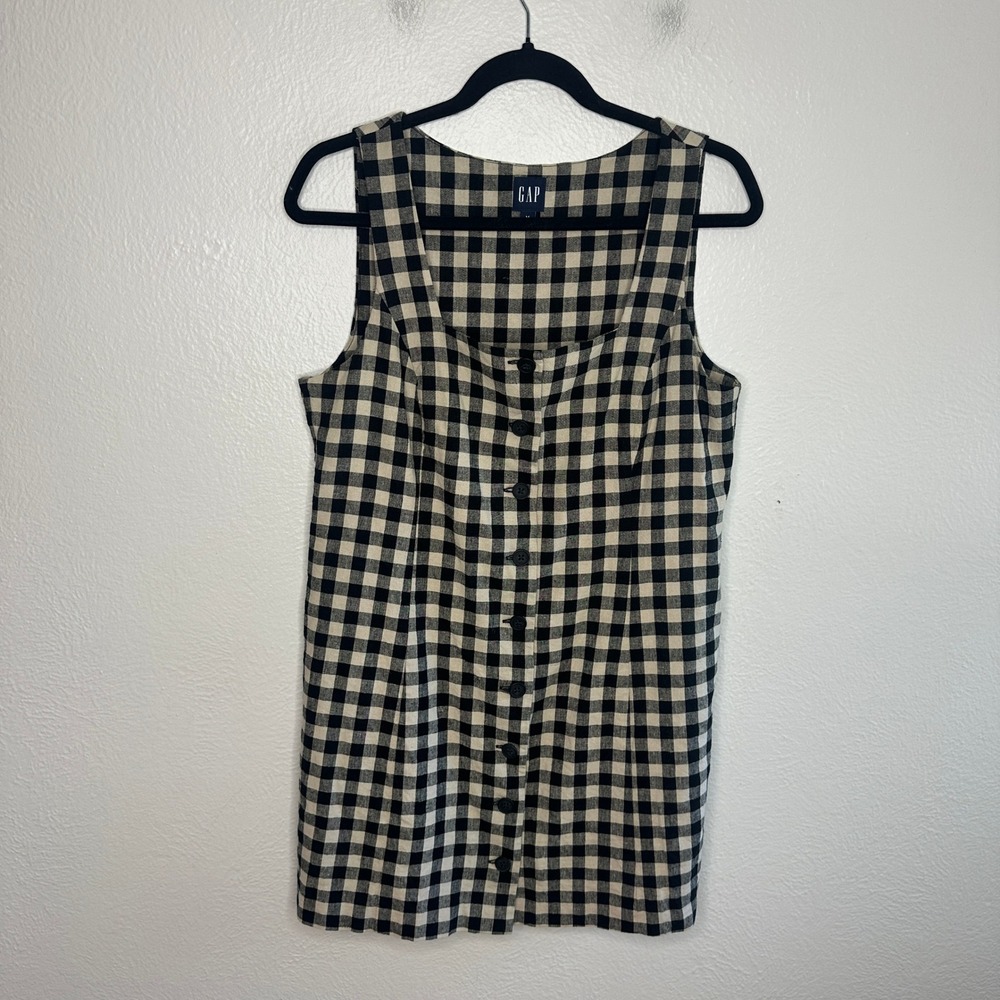 GAP Linen-Blend Button-Front Mini Dress Black Gingham Shift Size Medium - Picture 4 of 9